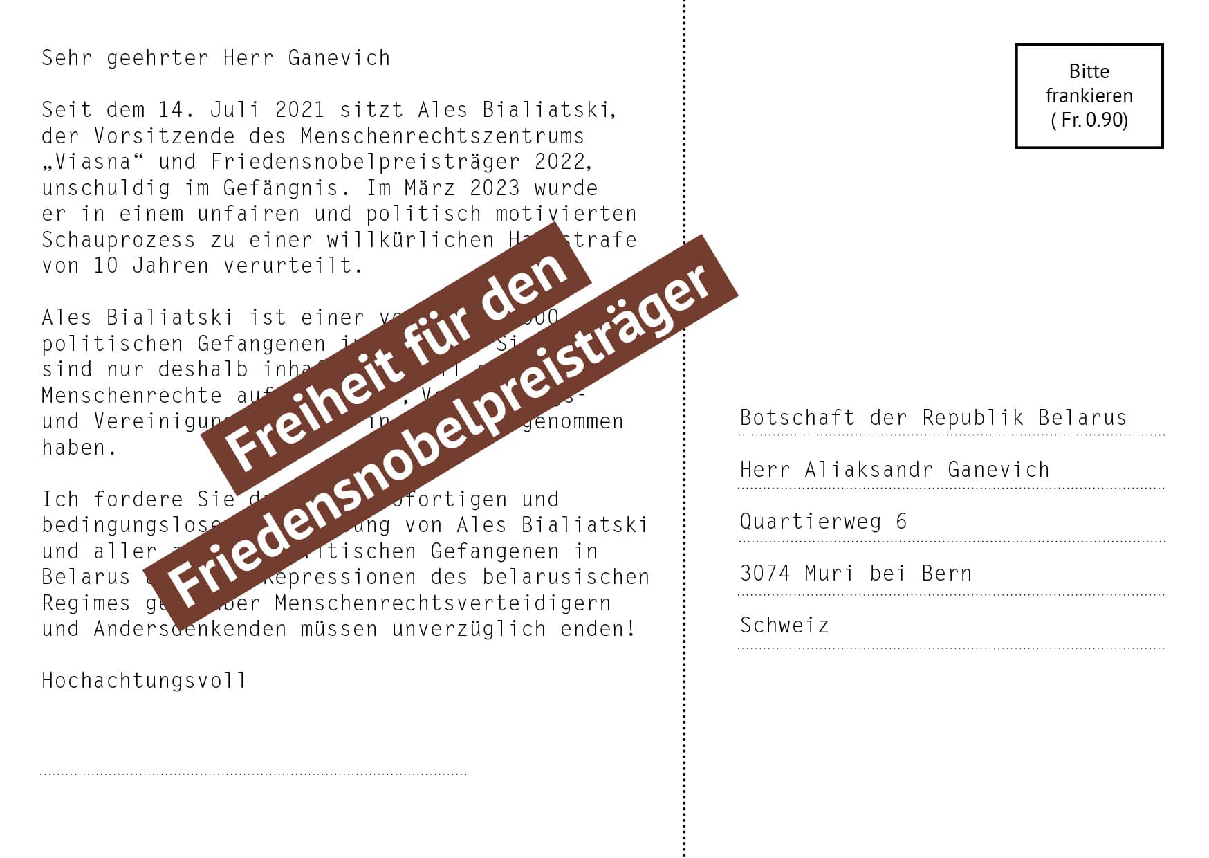 Join our postcard campaign: Freedom for Ales Bialiatski